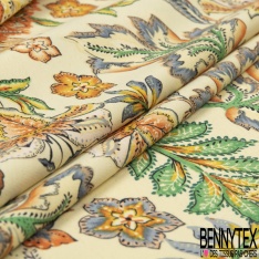 Crêpe polyester imprimé grand patchwork cachemire ton indigo marine orange rose