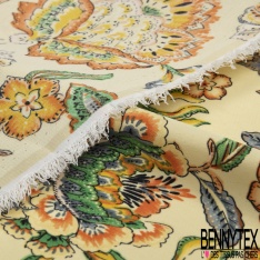Crêpe polyester imprimé grand patchwork cachemire ton indigo marine orange rose