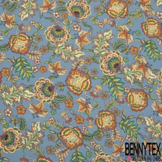 Crêpe polyester imprimé floral cachemire vintage fond bleu crépuscule