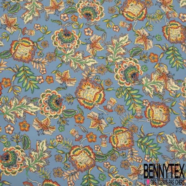 Crêpe polyester imprimé floral cachemire vintage fond bleu crépuscule