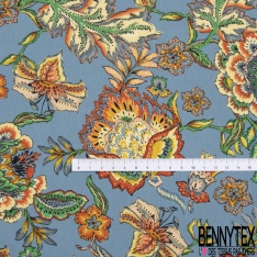 Crêpe polyester imprimé floral cachemire vintage fond bleu crépuscule