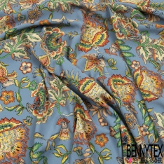 Crêpe polyester imprimé floral cachemire vintage fond bleu crépuscule