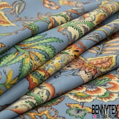 Crêpe polyester imprimé floral cachemire vintage fond bleu crépuscule