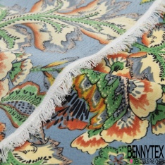 Crêpe polyester imprimé floral cachemire vintage fond bleu crépuscule