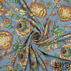 Crêpe polyester imprimé floral cachemire vintage fond bleu crépuscule