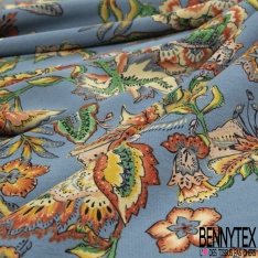 Crêpe polyester imprimé floral cachemire vintage fond bleu crépuscule