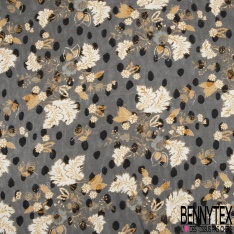 Mousseline voile polyester imprimé trace de peinture orange brûlée sable, pétrole fond café