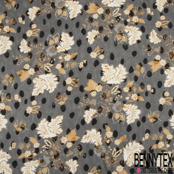 Mousseline voile polyester imprimé trace de peinture orange brûlée sable, pétrole fond café
