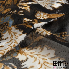 Mousseline voile polyester imprimé trace de peinture orange brûlée sable, pétrole fond café