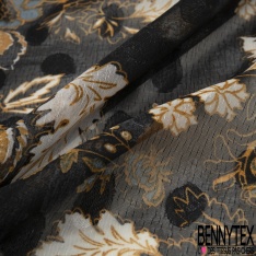 Mousseline voile polyester imprimé trace de peinture orange brûlée sable, pétrole fond café