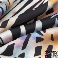 Satinette polyester imprimé grand motif tribal ton chaud et froid pictural effet kaleidoscope
