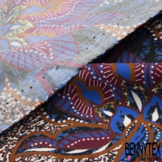 Pashmina viscose satiné double base argile cuite motif vintage cachemire naïf fond vert brun