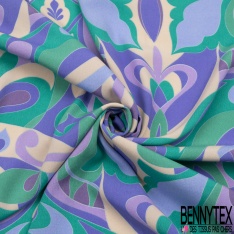 Crêpe viscose imprimé floral flashy pictural ton fuschia anis pomme mandarine fond noir