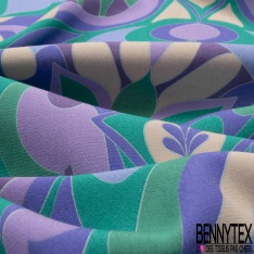 Crêpe viscose imprimé floral flashy pictural ton fuschia anis pomme mandarine fond noir