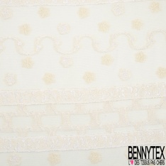 Crêpe georgette de soie viscose de bambou luxe motif bande et petite fleur brodée sable blanc discret
