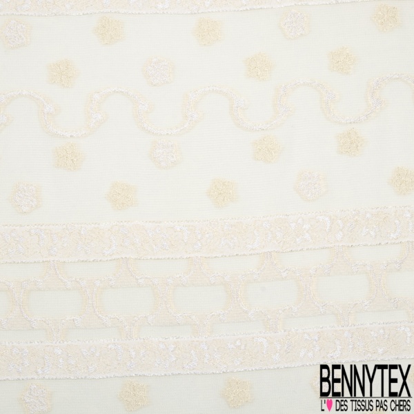 Crêpe georgette de soie viscose de bambou luxe motif bande et petite fleur brodée sable blanc discret