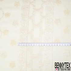 Crêpe georgette de soie viscose de bambou luxe motif bande et petite fleur brodée sable blanc discret