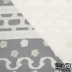 Crêpe georgette de soie viscose de bambou luxe motif bande et petite fleur brodée sable blanc discret
