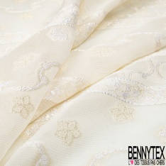 Crêpe georgette de soie viscose de bambou luxe motif bande et petite fleur brodée sable blanc discret