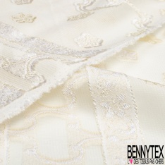 Crêpe georgette de soie viscose de bambou luxe motif bande et petite fleur brodée sable blanc discret