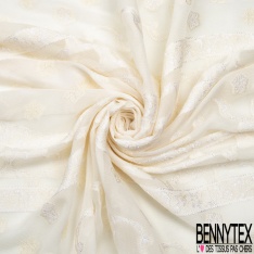 Crêpe georgette de soie viscose de bambou luxe motif bande et petite fleur brodée sable blanc discret