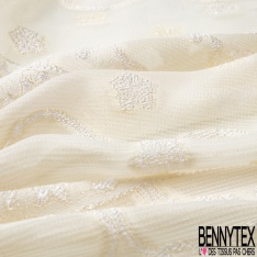 Crêpe georgette de soie viscose de bambou luxe motif bande et petite fleur brodée sable blanc discret