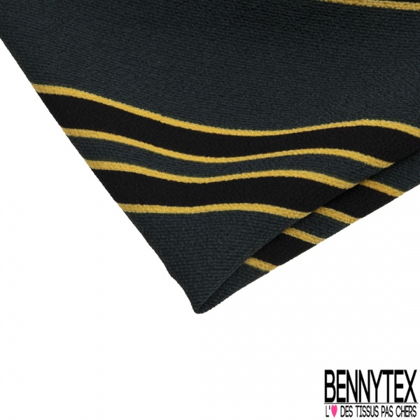 Coupon 3m crêpe polyester motif rayure fantaisie verticale noir moutarde bleu graphite