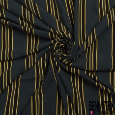 Coupon 3m crêpe polyester motif rayure fantaisie verticale noir moutarde bleu graphite