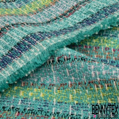 Natté haute couture coton grosse rayure verticale multicolore sur une base fuschia