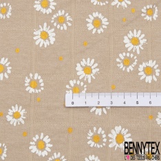 Jersey coton gaze élasthanne imprimé marguerite fond verge d'or