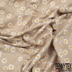 Jersey coton gaze élasthanne imprimé marguerite fond verge d'or