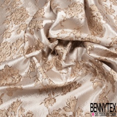 Brocart damassé Haute Couture imprimé grande fleur cachemire et chaine pacifique lurex or fond teinte de rose