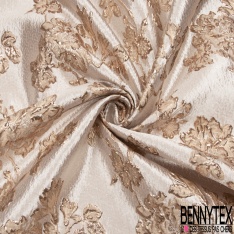 Brocart damassé Haute Couture imprimé grande fleur cachemire et chaine pacifique lurex or fond teinte de rose