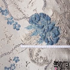 Brocart damassé Haute Couture imprimé grande fleur cachemire et chaine beige champagne lurex or fond teinte de rose