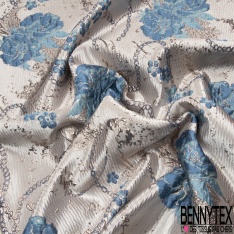 Brocart damassé Haute Couture imprimé grande fleur cachemire et chaine beige champagne lurex or fond teinte de rose