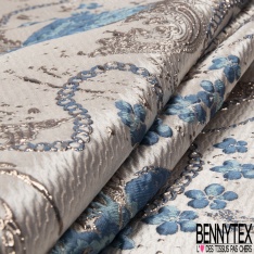 Brocart damassé Haute Couture imprimé grande fleur cachemire et chaine beige champagne lurex or fond teinte de rose