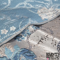 Brocart damassé Haute Couture imprimé grande fleur cachemire et chaine beige champagne lurex or fond teinte de rose