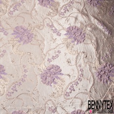 Brocart damassé Haute Couture imprimé grande fleur cachemire et chaine campanule lurex or fond teinte de rose