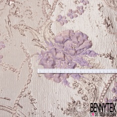 Brocart damassé Haute Couture imprimé grande fleur cachemire et chaine campanule lurex or fond teinte de rose