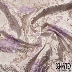 Brocart damassé Haute Couture imprimé grande fleur cachemire et chaine campanule lurex or fond teinte de rose