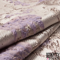Brocart damassé Haute Couture imprimé grande fleur cachemire et chaine campanule lurex or fond teinte de rose