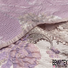 Brocart damassé Haute Couture imprimé grande fleur cachemire et chaine campanule lurex or fond teinte de rose
