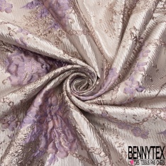 Brocart damassé Haute Couture imprimé grande fleur cachemire et chaine campanule lurex or fond teinte de rose