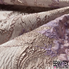 Brocart damassé Haute Couture imprimé grande fleur cachemire et chaine campanule lurex or fond teinte de rose
