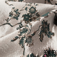 Brocart damassé Haute Couture imprimé grande fleur cachemire et chaine lilas pâle lurex or fond teinte de rose