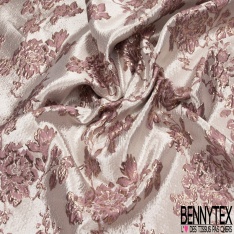 Brocart damassé Haute Couture imprimé grande fleur rouge de terre lurex or fond teinte de rose