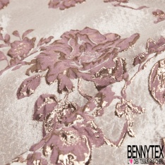 Brocart damassé Haute Couture imprimé grande fleur rouge de terre lurex or fond teinte de rose