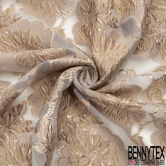 Brocart damassé Haute Couture imprimé grande fleur blush lurex or fond teinte de rose