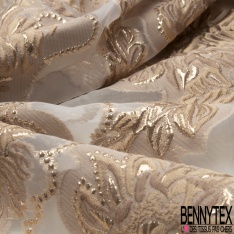 Brocart damassé Haute Couture imprimé grande fleur blush lurex or fond teinte de rose