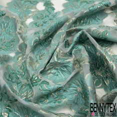 Brocart organza lancé découpé Haute Couture imprimé grande fleur lurex or vert de poivre fond transparent blanc